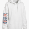 White hoodie with vintage print on shoulder or chest