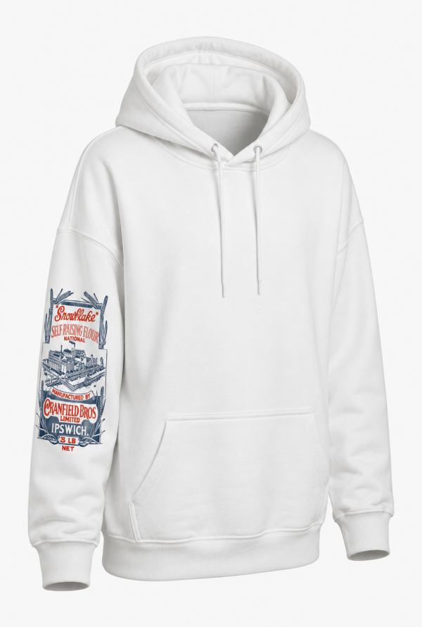 White hoodie with vintage print on shoulder or chest