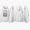 White hoodie with vintage print on shoulder or chest