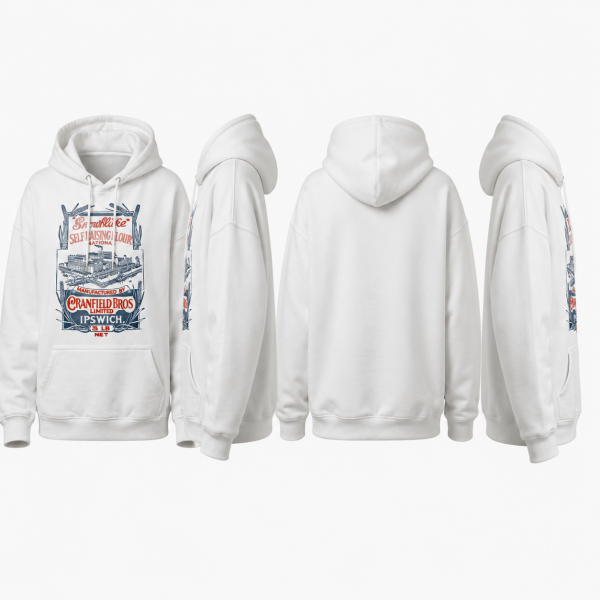 White hoodie with vintage print on shoulder or chest