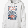 White hoodie with vintage print on shoulder or chest