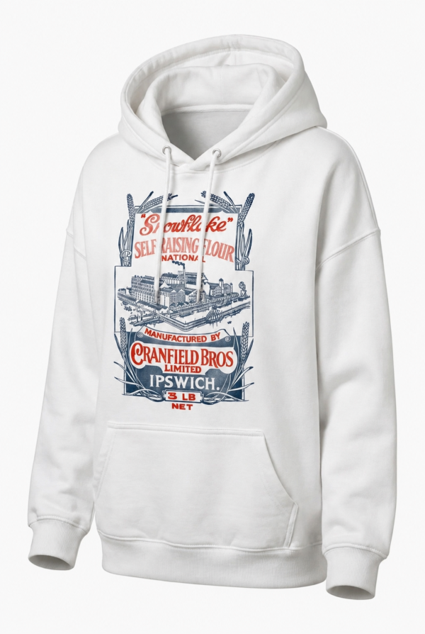 White hoodie with vintage print on shoulder or chest