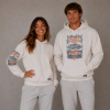 White hoodie with vintage print on shoulder or chest