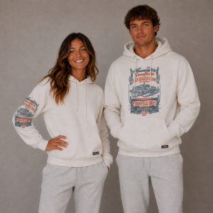 White hoodie with vintage print on shoulder or chest